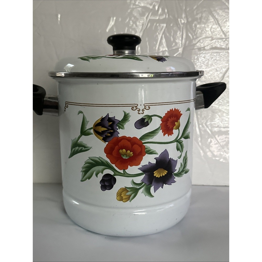Vintage GMI Enamelware Stock Pot with Lid Floral Poppy White Enamel Soup Pot